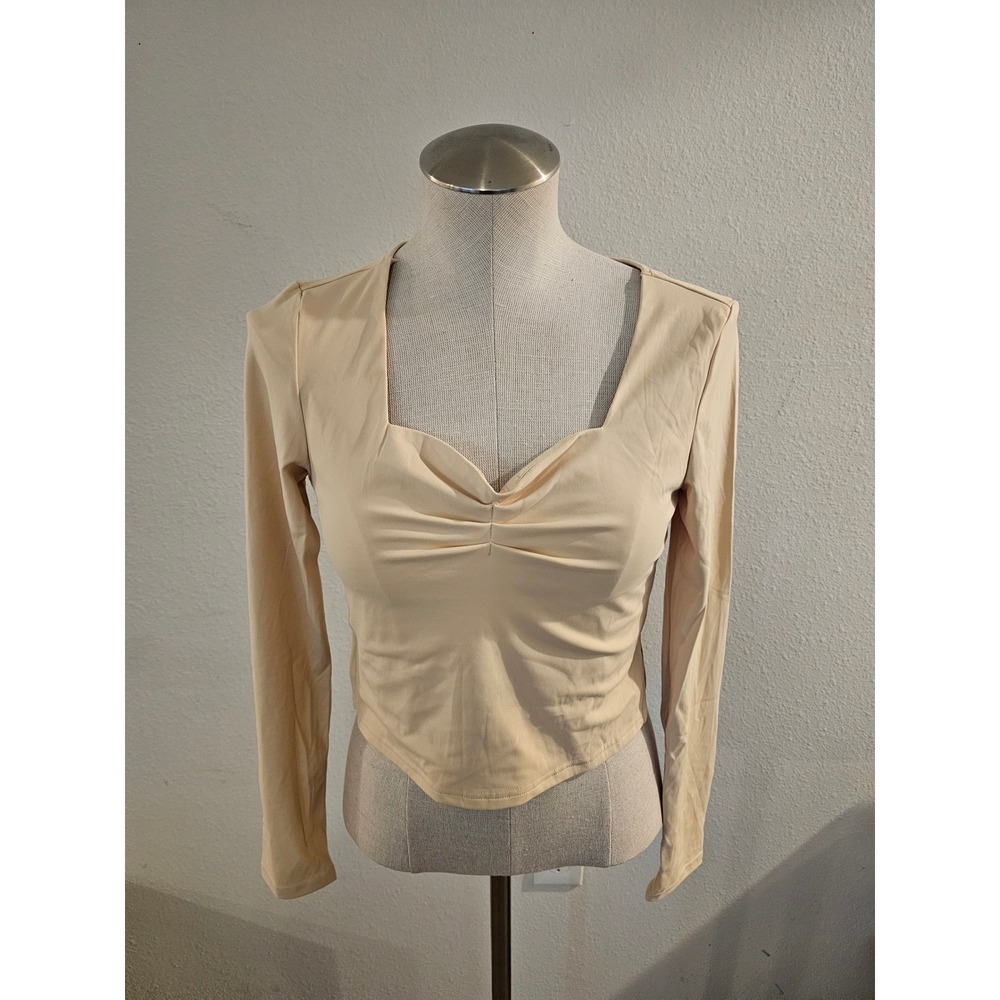 DRESSIN Women Beige Long Sleeve Sweetheart Ruched Crop Top Small NWT